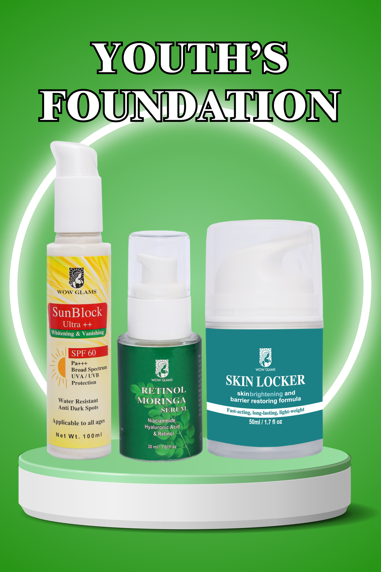 Wow Glams YOUTH FOUNDATION Deal with retinol serum, best sunblock in pakistan, moisturizer.
