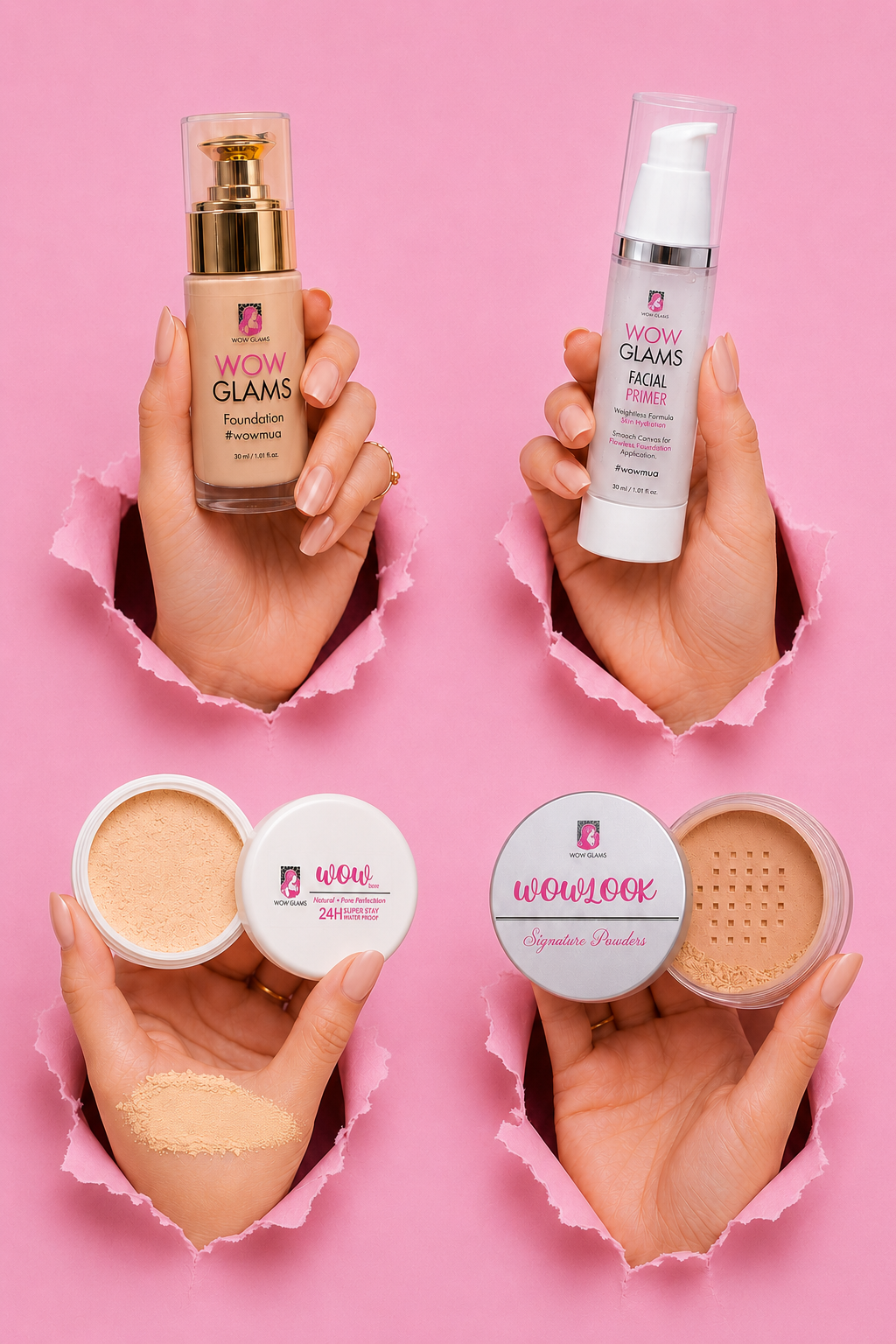 Wow Glams Full Coverage Base Kit with Foundation, Face Primer, Powder Foundation and Loose Powder – Complete Professional Makeup Base Kit for Smooth Matte Finish Pakistan