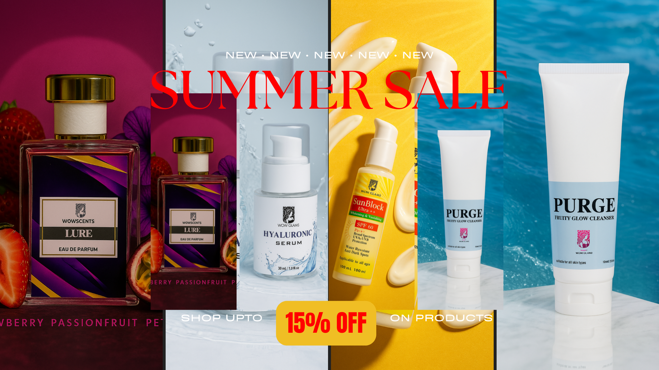 Cosmetic products with 'Summer Sale' text and 15% off offer on a colorful background.