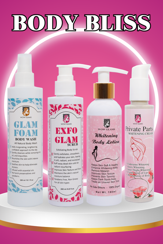 wow glams BODY CARE DEAL with private part whitening cream, whitening body lotion, body wash, and body scrub