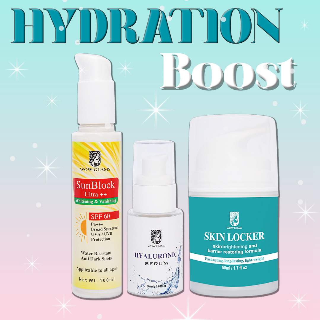 Wow Glams HYDRATION BOOST Deal with hyaluronic acid serum, best sunblock in Pakistan, moisturizer