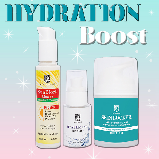 Wow Glams HYDRATION BOOST Deal with hyaluronic acid serum, best sunblock in Pakistan, moisturizer