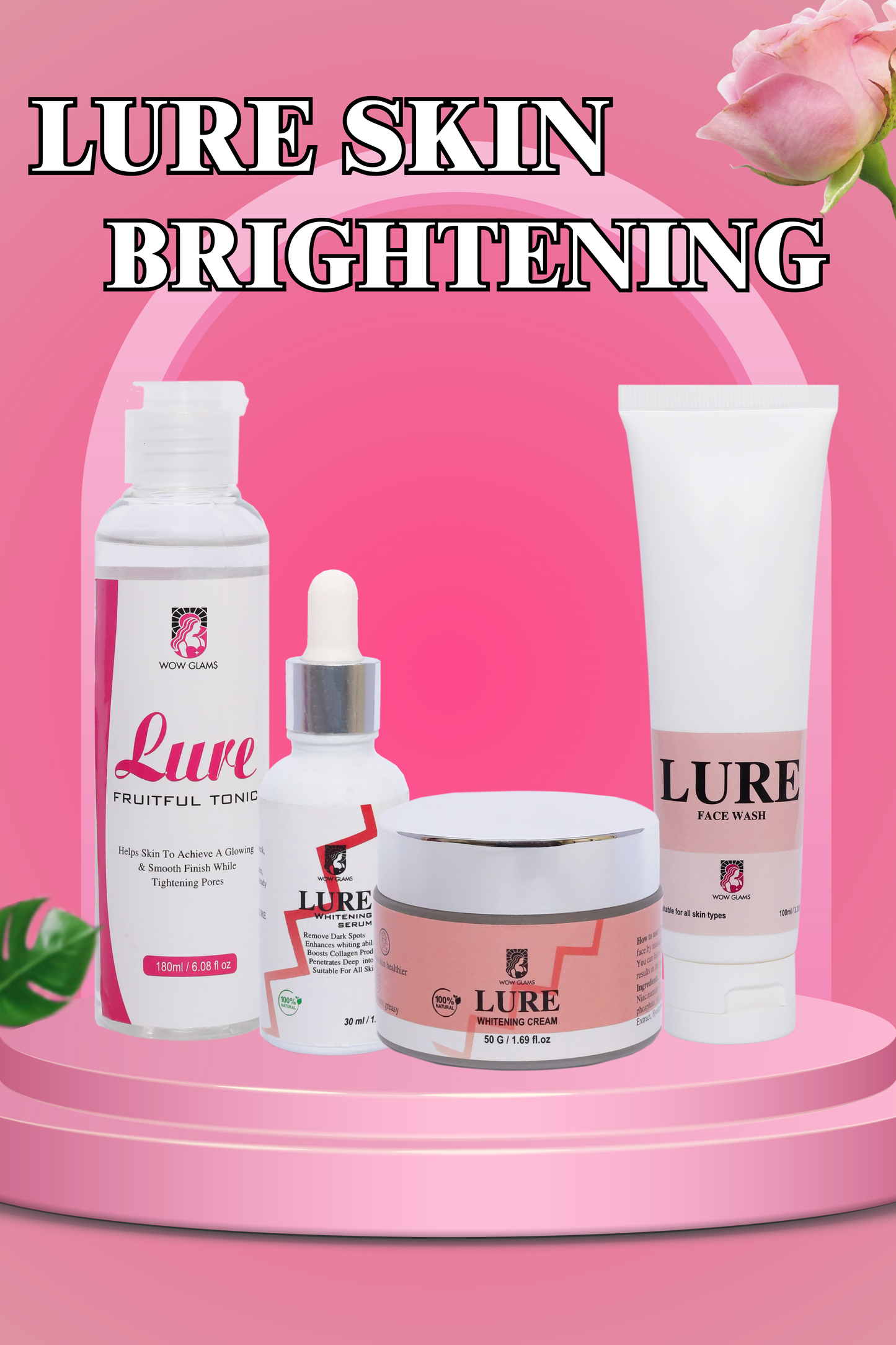 Wow Glams LURE Skin Whitening deal with whitening face wash, skin whitening cream, whitening serum, and glycolic acid toner