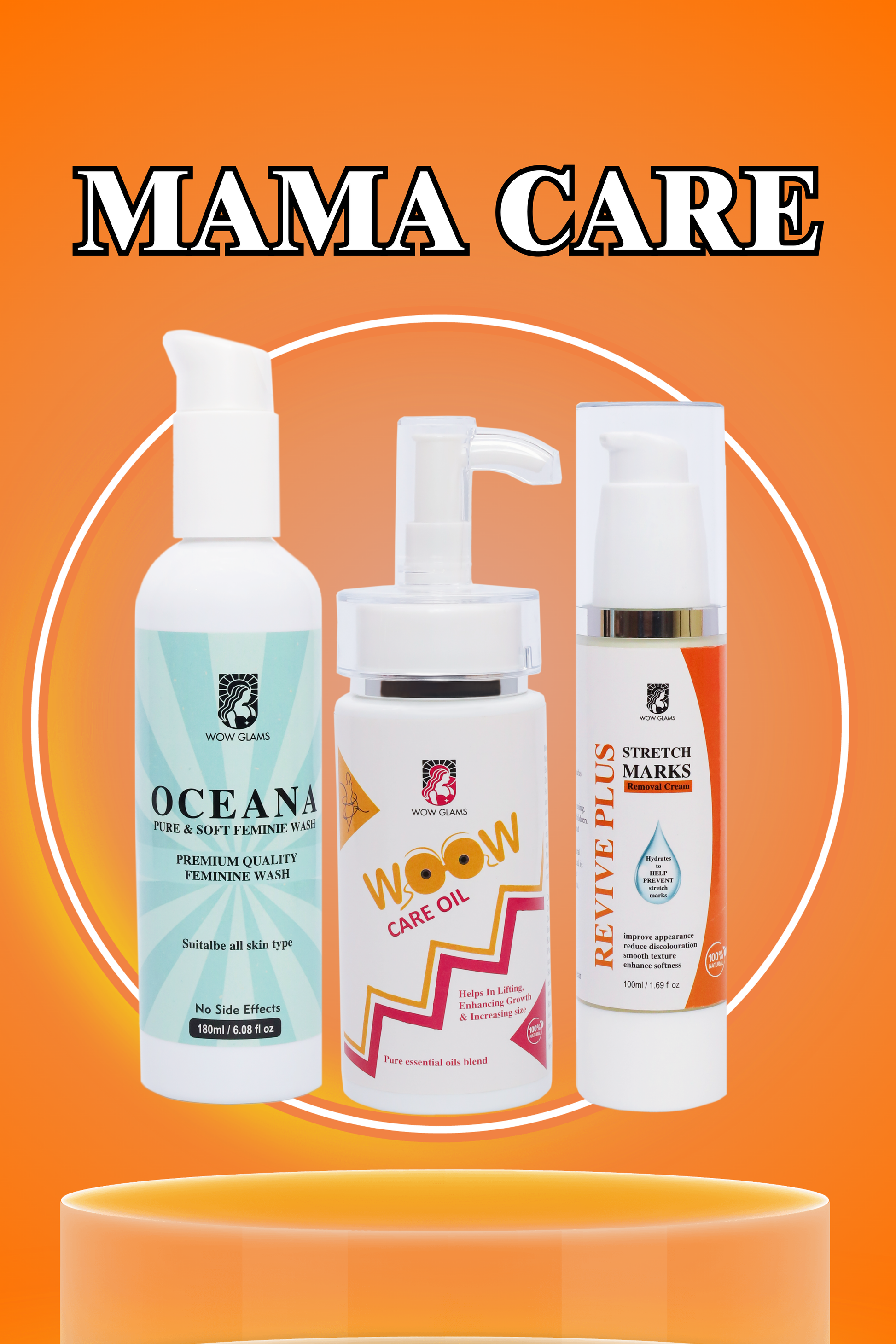 wow glams MAMA CARE DEAL with v wash, breast massage oil, and stretch mark cream.