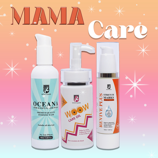 wow glams MAMA CARE DEAL with v wash, breast massage oil, and stretch mark cream.
