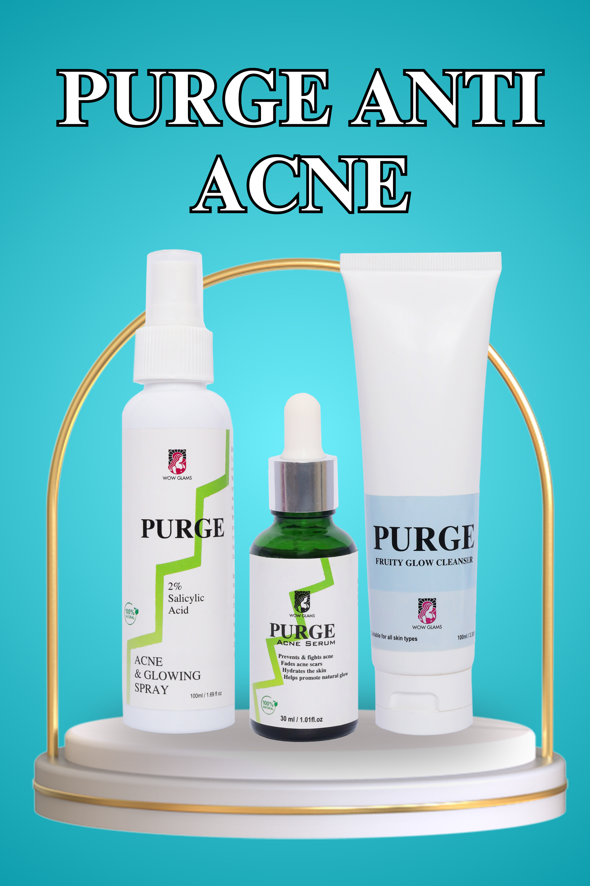 Wow Glams PURGE Anti Acne Care deal with cleanser for oily skin, acne serum, acne soap, face mist spray.