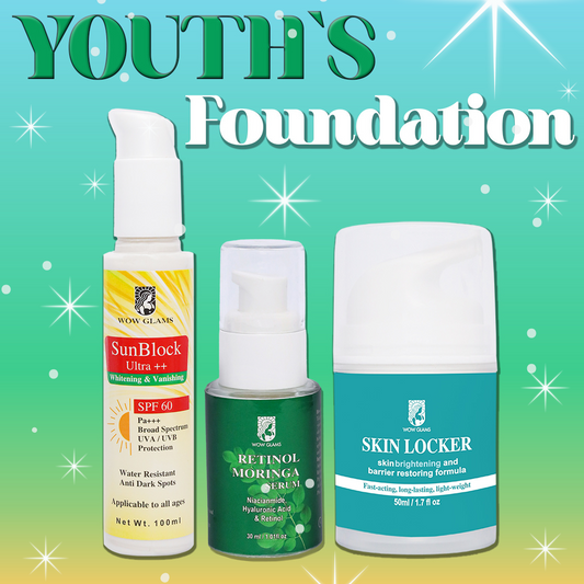 Wow Glams YOUTH FOUNDATION Deal with retinol serum, best sunblock in pakistan, moisturizer. 
